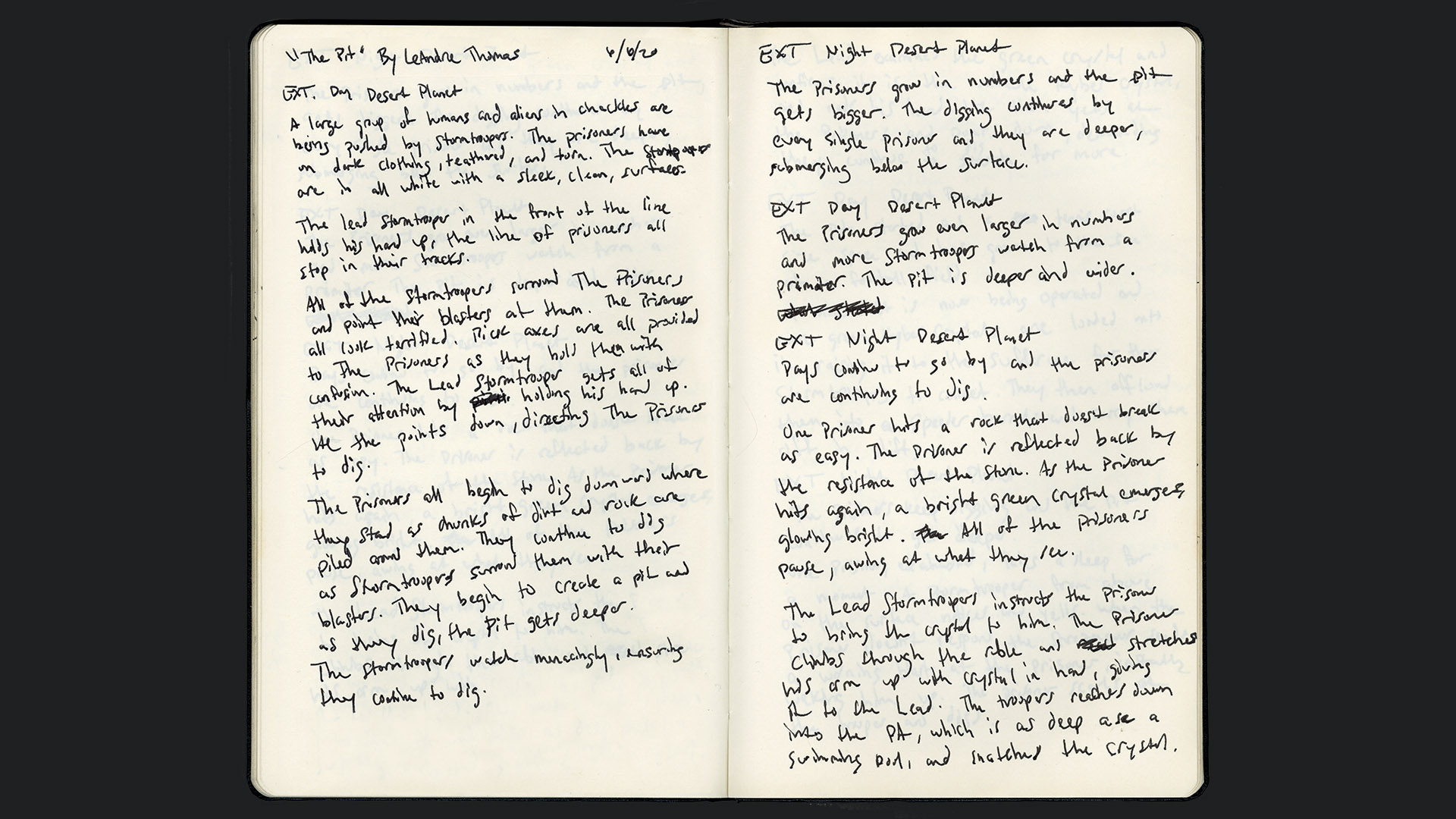 LeAndre Thomas's notebook with the script of "The Pit"